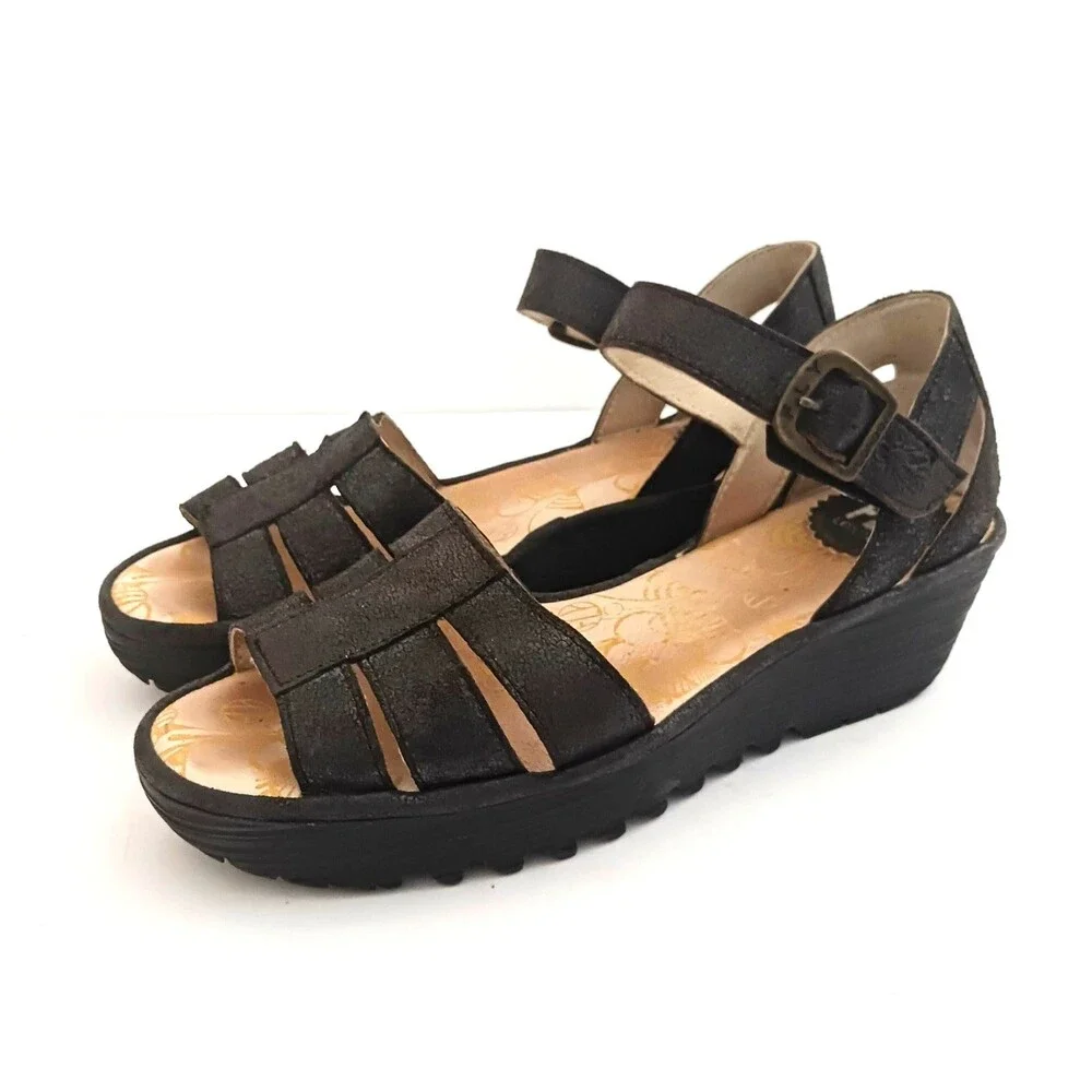 FLY London Rese730Fly Blk Leather Strappy Wedge Sandal Ankle Strap 39/8-8.5